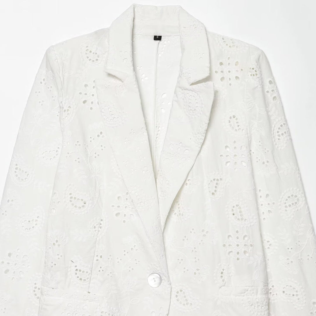 Women's Lightweight Broderie Anglaise Blazer with Shawl Collar and Eyelet Embroidery Amarae