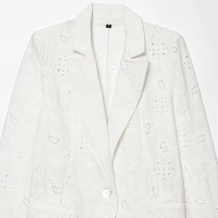 Women's Lightweight Broderie Anglaise Blazer with Shawl Collar and Eyelet Embroidery Amarae