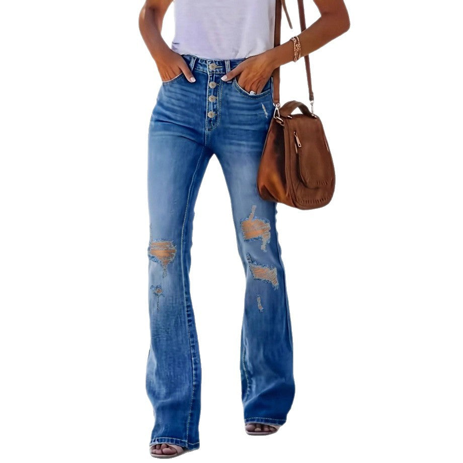 Women's high-waisted flared jeans with visible button fly, destroyed knee & sculpting stretch fit Amarae