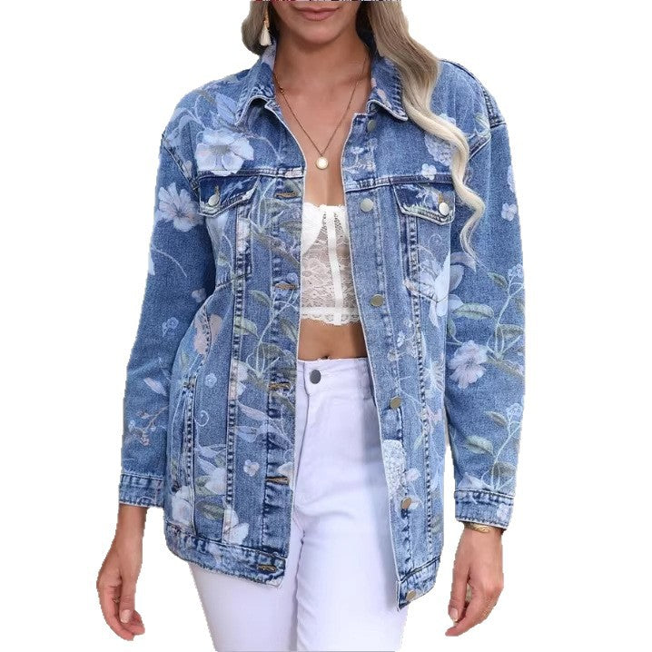 Women’s Longer Denim Jacket with Floral Allover Print, Chest Flap Pockets, and Casual Oversized Fit Amarae