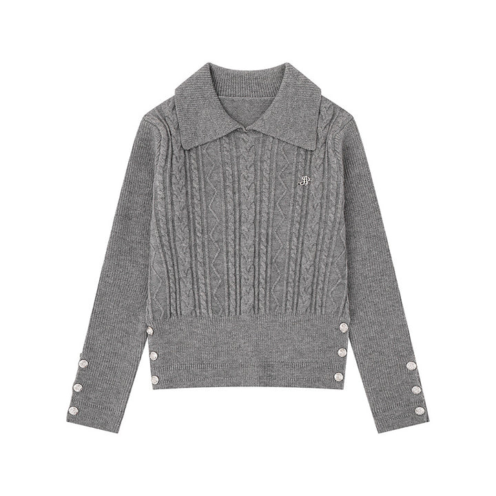 Women's fine knit polo sweater with cable pattern, decorative button trim and tailored fit Amarae