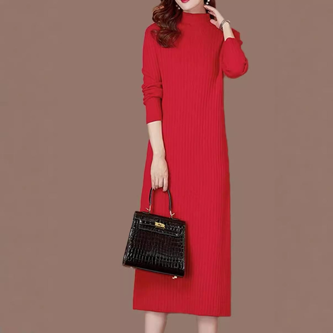 Knit dress for women with a fine ribbed texture and a high collar Lune London