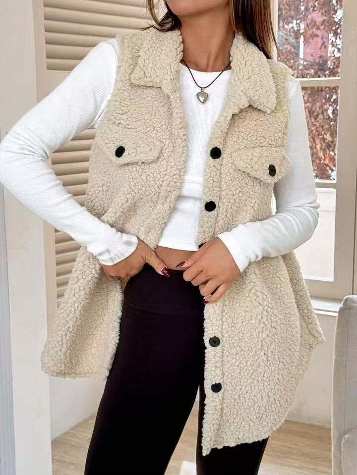 Ladies Plush Vest with Chic Pockets and Style