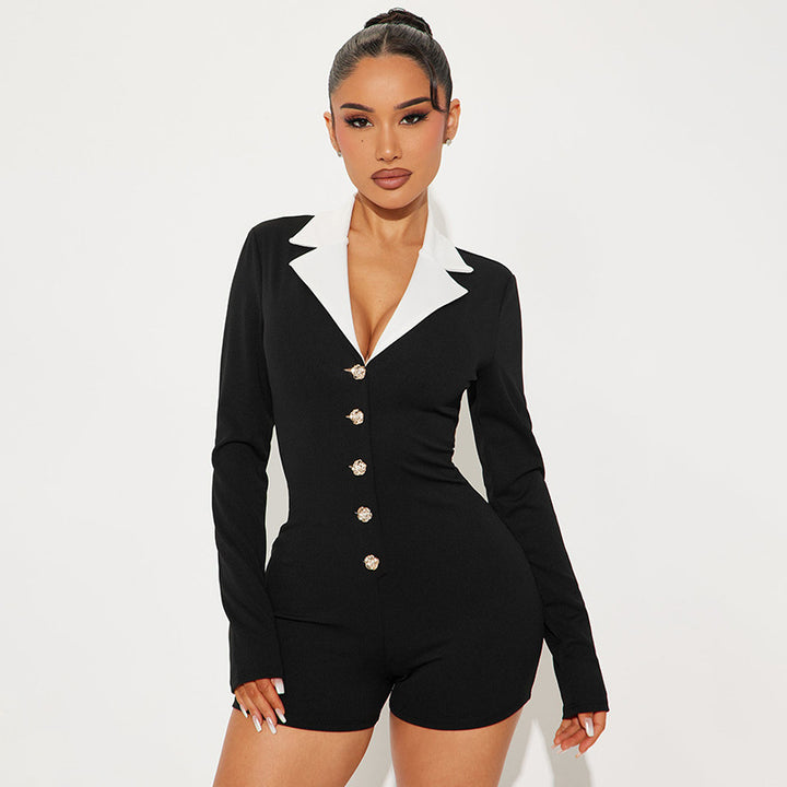Ladies fashionable jumpsuit with deep V-neckline and chic elegant collar