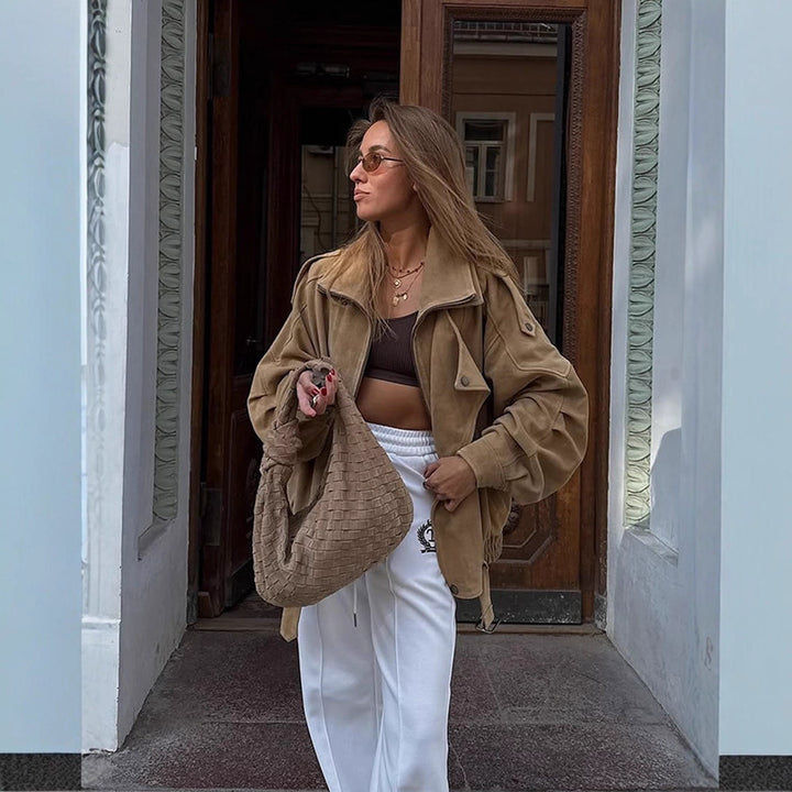 Women's Oversized Suede Leather Bomber Jacket with Epaulettes and Adjustable Waist Amarae