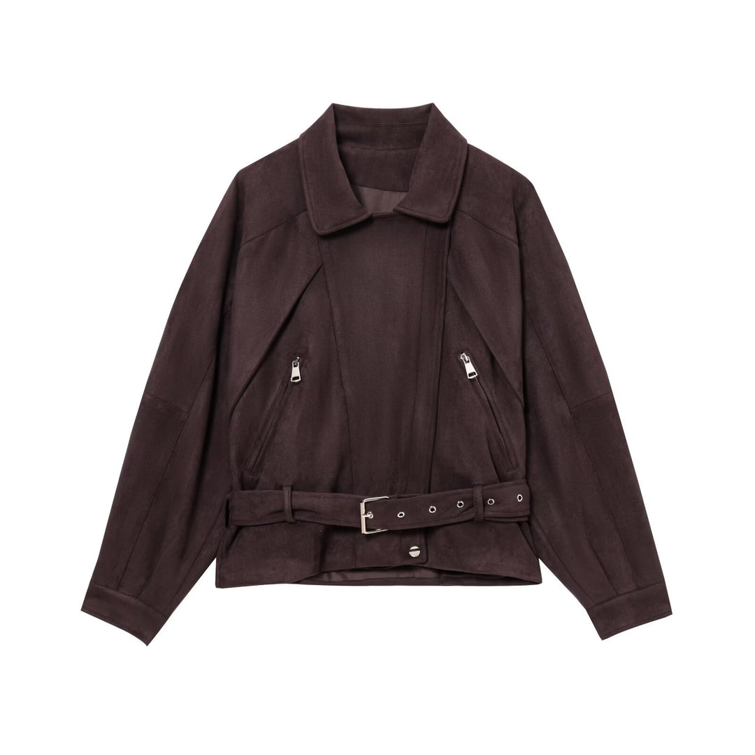 Suede jacket for women with belt at the waist and asymmetrical zipper Lune London