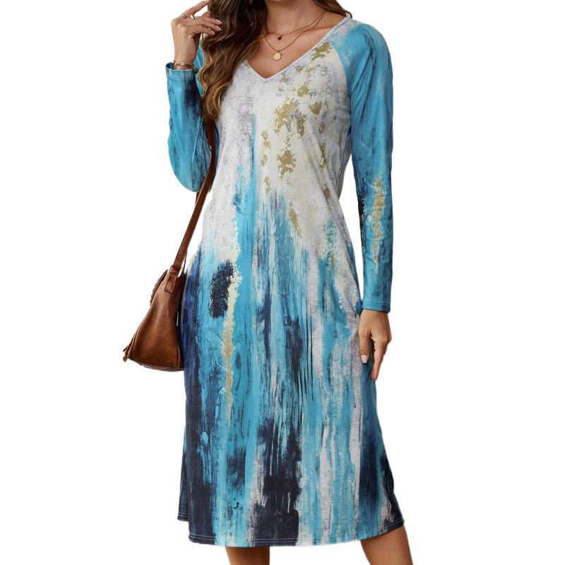 Long sleeve maxi dress for women with colorful abstract pattern Lune London
