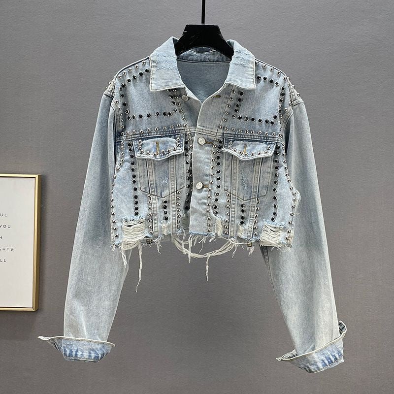 Veste en jean de créateur pour femmes avec clous et franges Chic & Stil