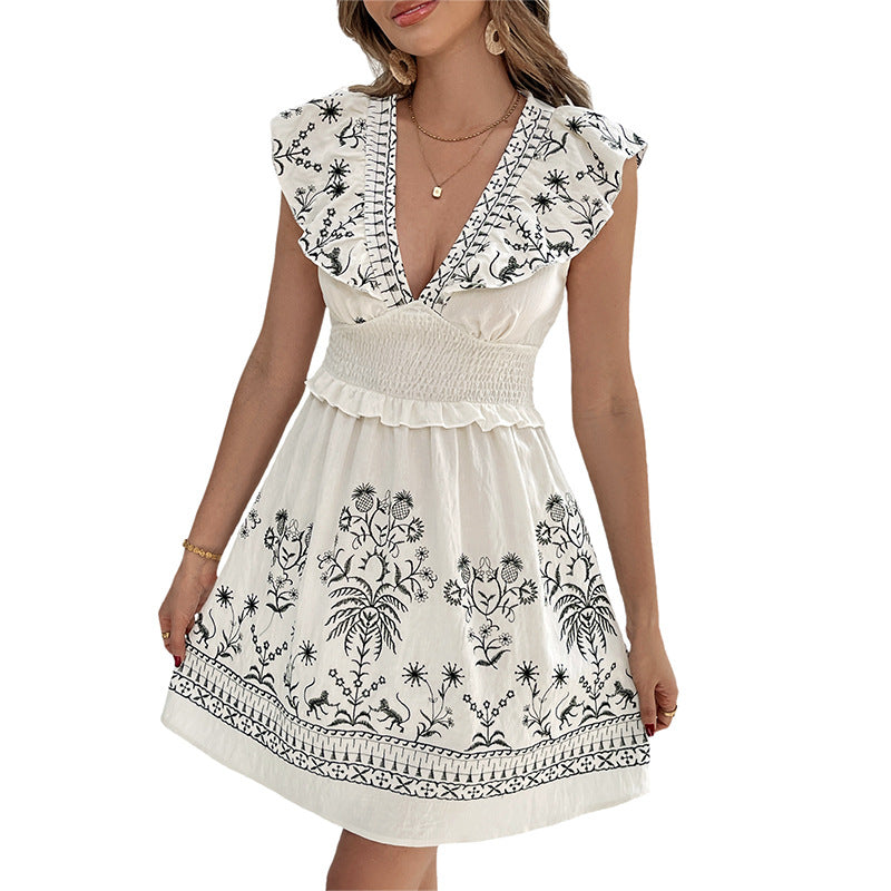 Embroidered floral summer dress for women with ruffle detail Lune London