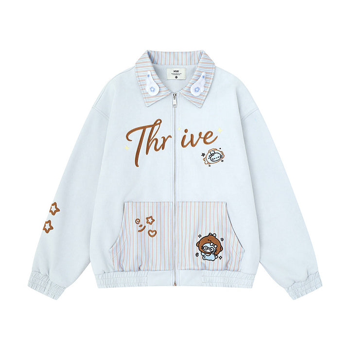 Women's zip sweat jacket with striped collar, front pockets and cute embroidery Amarae