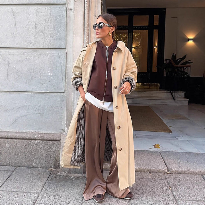 Women's Maxi Long Trench Coat with Check Lining, Wide Fall & Classic Button Placket Amarae