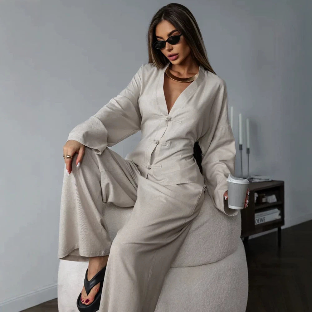 Women's Kimono-Inspired Loungewear Jacket with Waist Tie and Decorative Knot Amarae