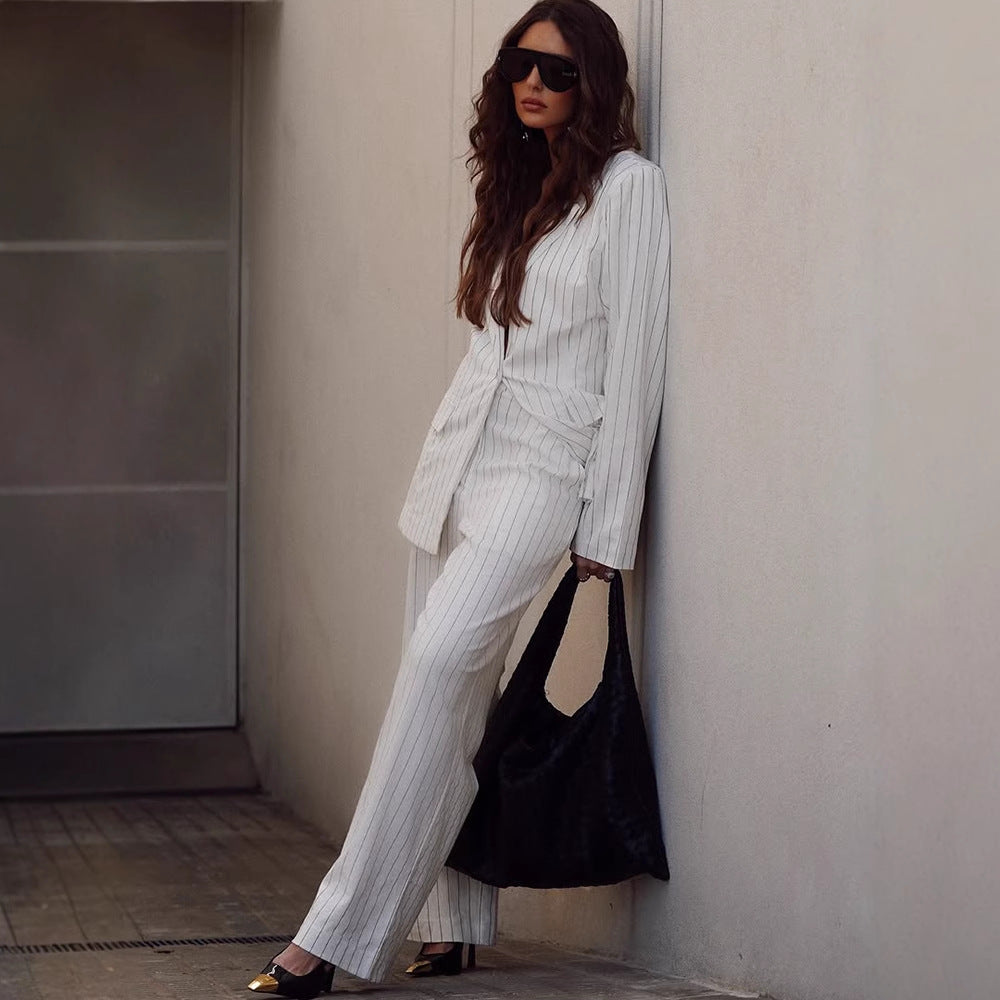 Women's Two-Piece Pinstripe Suit Set with Oversized Blazer and Wide Pleated Trousers Amarae