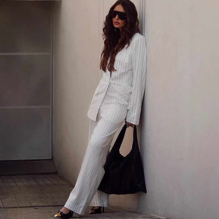 Women's Two-Piece Pinstripe Suit Set with Oversized Blazer and Wide Pleated Trousers Amarae