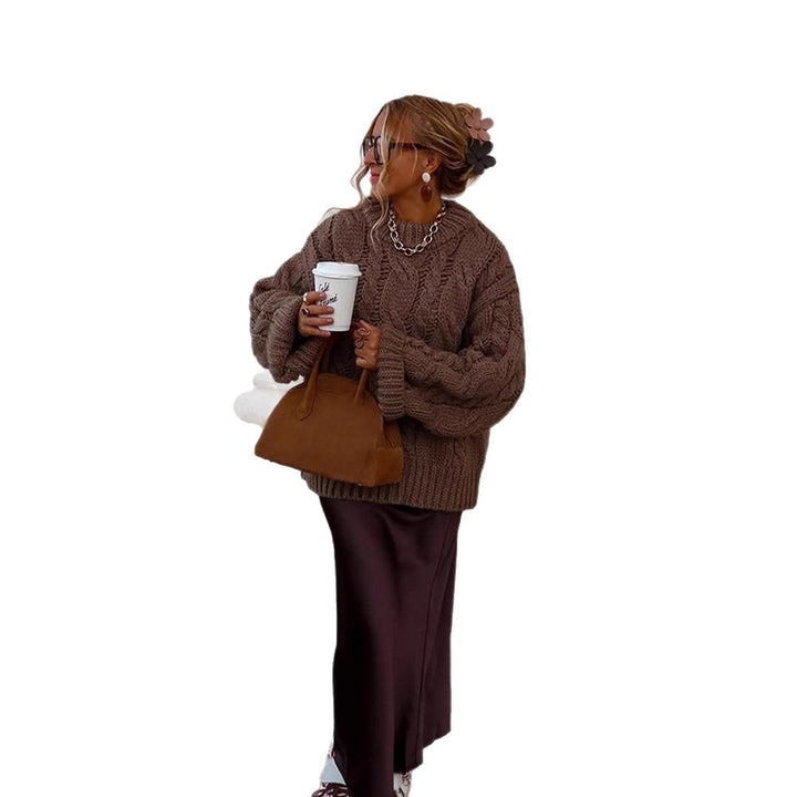 Women's Oversize Chunky Knit Sweater with Cable Knit, High Collar and Extended Sleeves Amarae