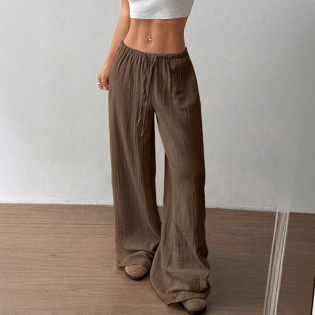 Women Lightweight Linen Look Pants with Wide Leg, Elastic Waistband and Drawstring Amarae