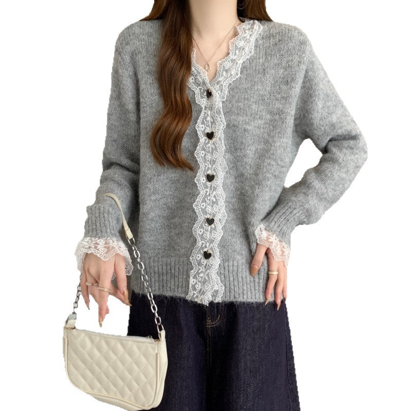 Knit jacket for women with lace accents and heart-shaped buttons Lune London