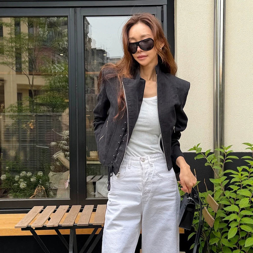 Women's Short Cut Lace-Up Biker Jacket with Asymmetrical Zipper Amarae