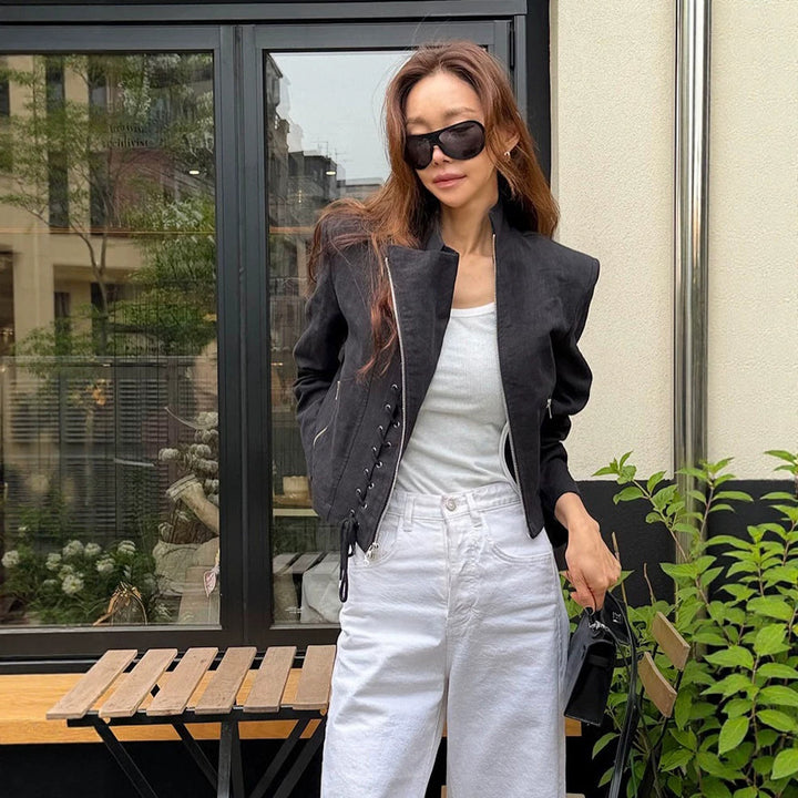 Women's Short Cut Lace-Up Biker Jacket with Asymmetrical Zipper Amarae