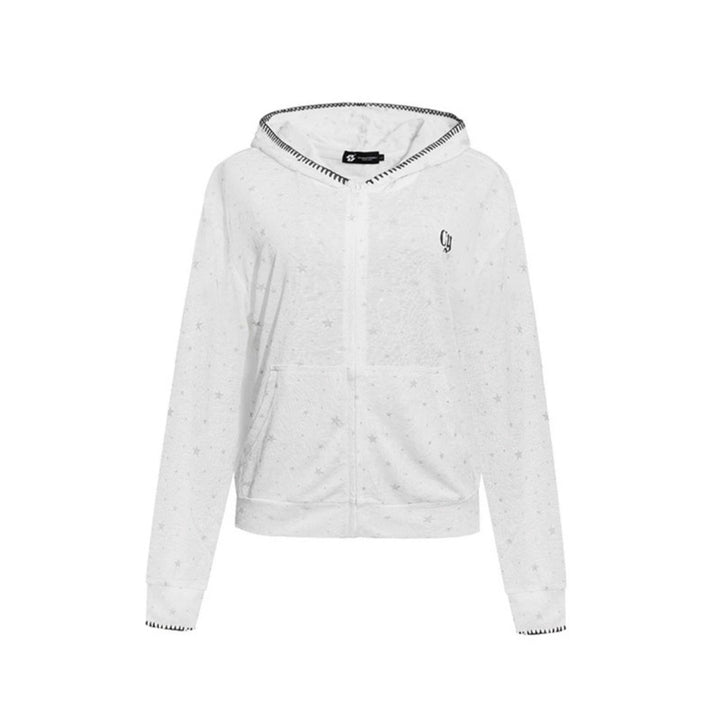 Women's Lightweight Hooded Zip Cardigan with Allover Stars and Decorative Stitching