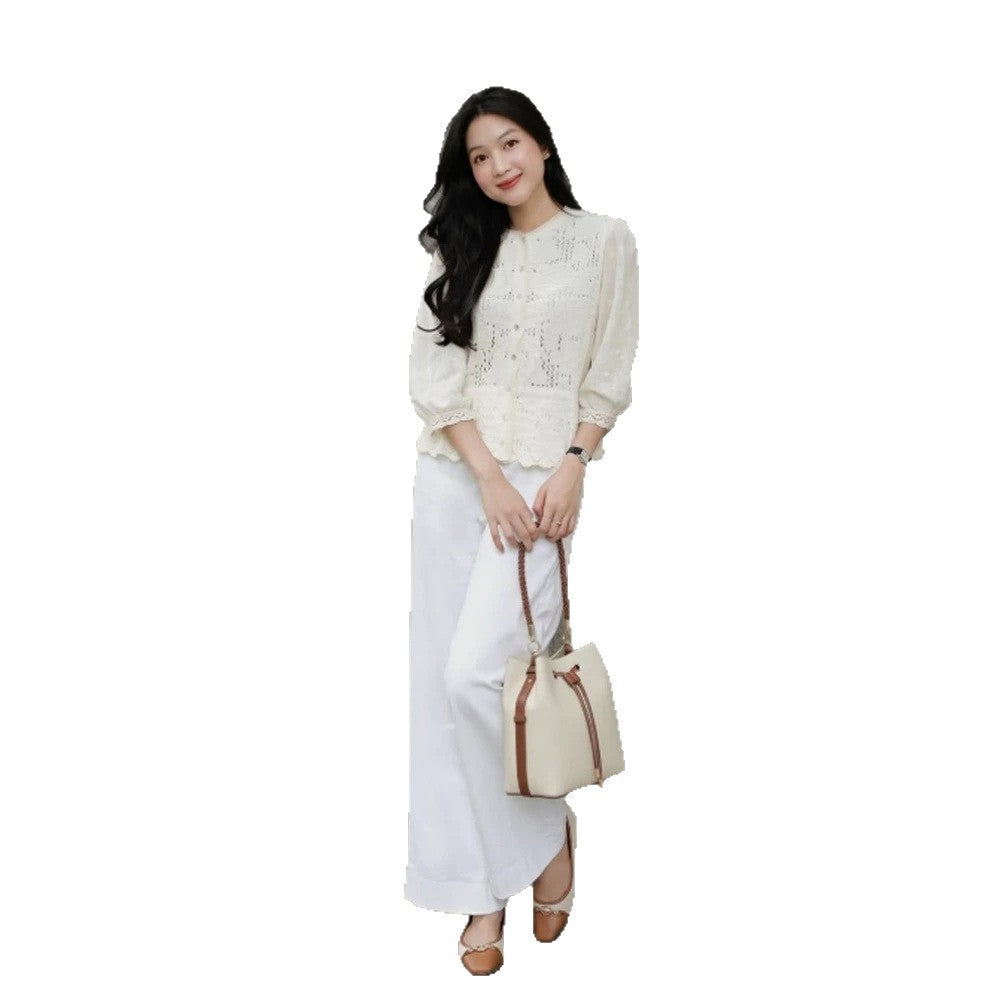 Women's Romantic Crochet Blouse with Continuous Button Placket, V-Neck and Three-Quarter Balloon Sleeves Amarae