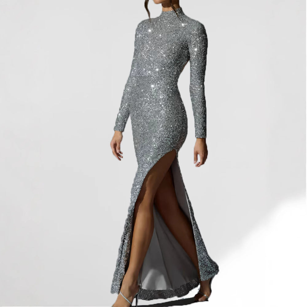 Women's Glamorous Evening Dress with Long Sleeve and Shimmering Slit