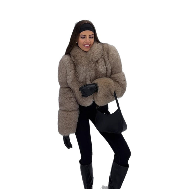 Women's Short Cut Luxury Faux Fur Blouson with Voluminous Shawl Collar Amarae