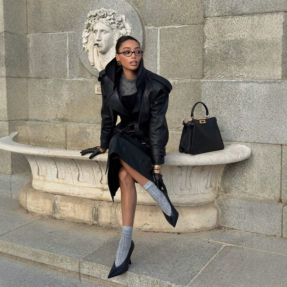 Women's Tailored Leather Jacket with Short Cape Insert, Shoulder Pads and Tie Belt Amarae