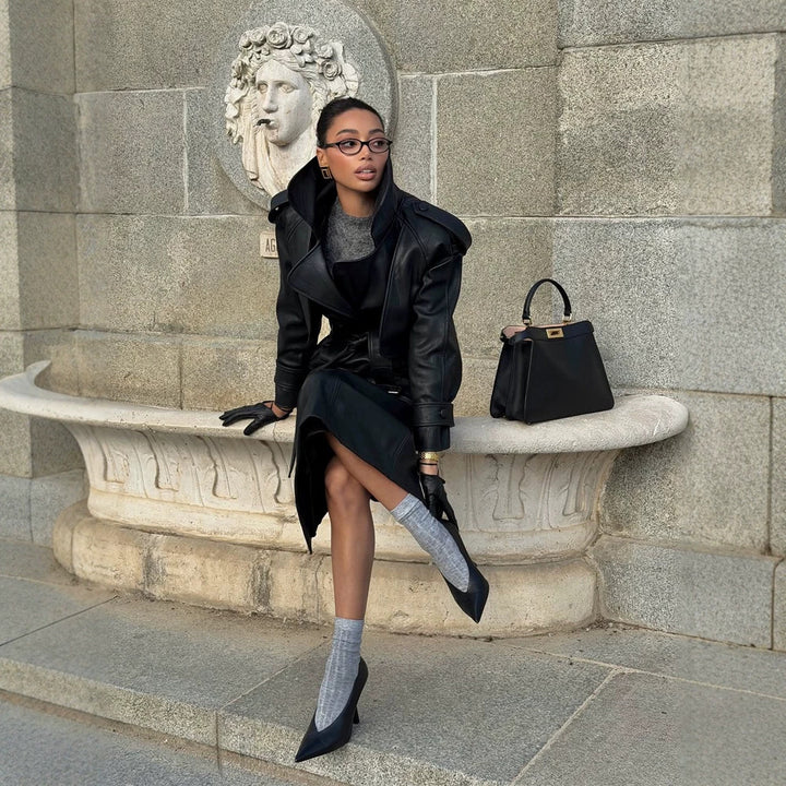 Women's Tailored Leather Jacket with Short Cape Insert, Shoulder Pads and Tie Belt Amarae
