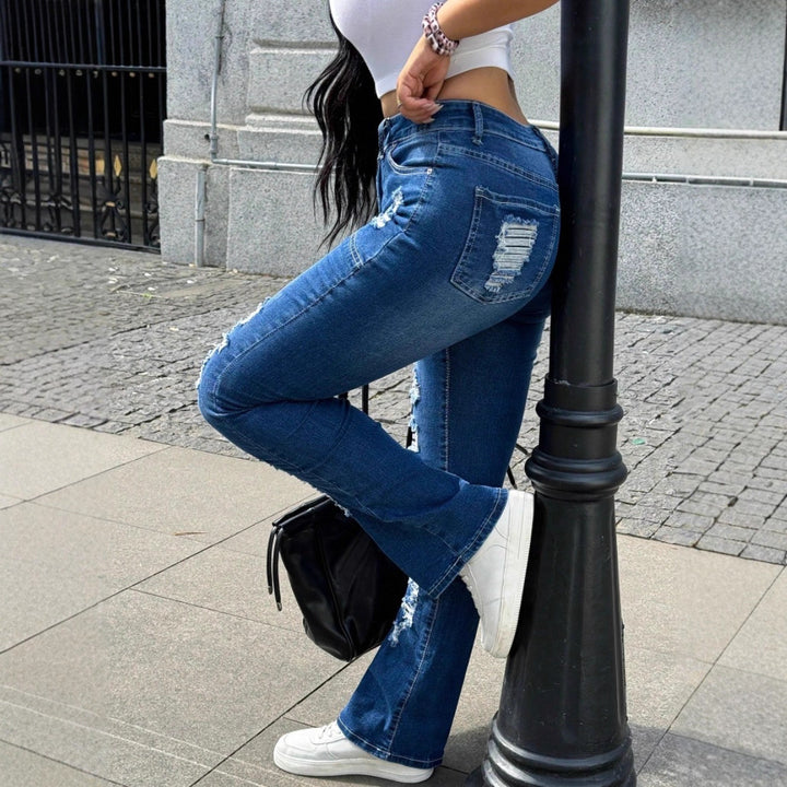 Women's Waist-Defining Distressed Bootcut Jeans with Shaping Seams and Knee Rips Amarae