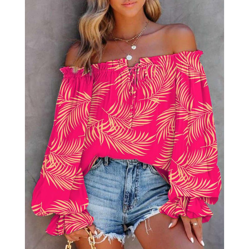 Ladies Off-Shoulder Blouse with Colorful Pattern and Elastic Hem Lune London