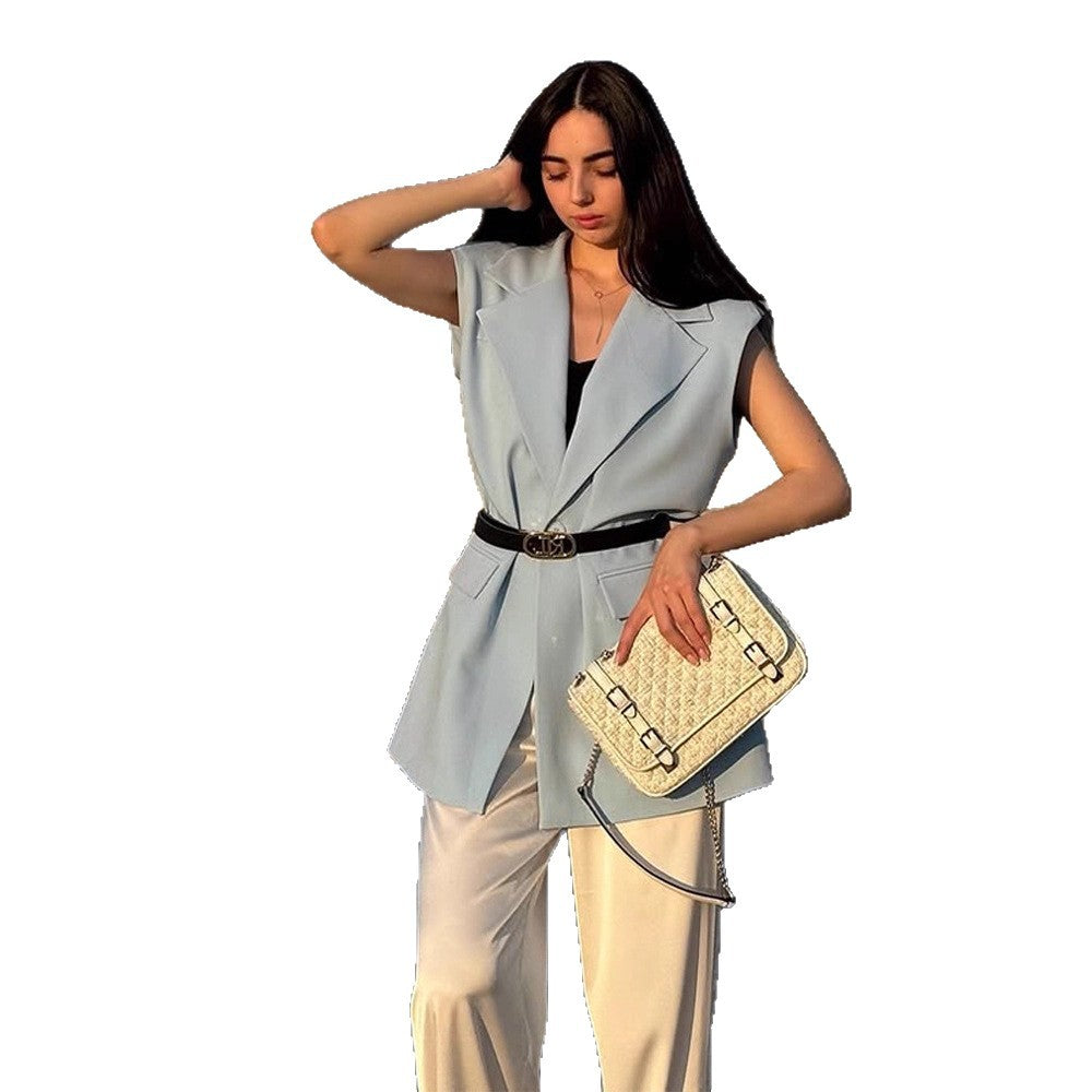 Women's Sleeveless Long Blazer Vest with Emphasized Shoulder and Waist Shape Amarae