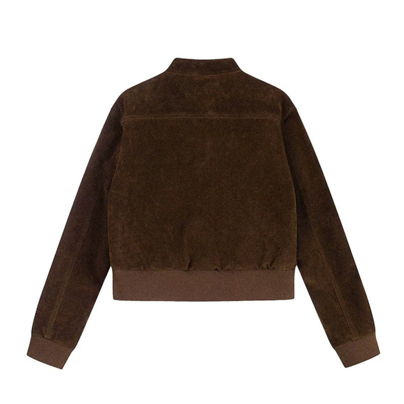 Women's Short Cut Velvet Velour Bomber Jacket with Stand-up Collar and Multifunctional Pockets Amarae