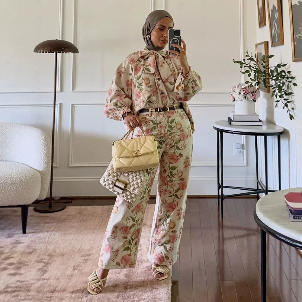 Women's Two-Piece Floral Print Co-Ord Set with Oversized Blouson and High-Waist Pants Amarae