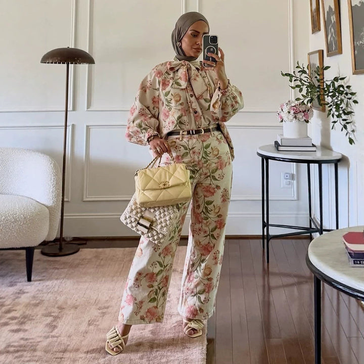 Women's Two-Piece Floral Print Co-Ord Set with Oversized Blouson and High-Waist Pants Amarae
