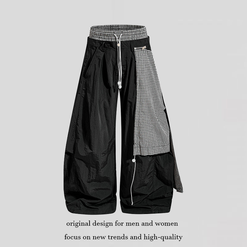Women's wide baggy pants with asymmetrical check side panel and drawstring Amarae