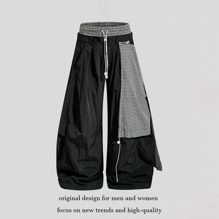 Women's wide baggy pants with asymmetrical check side panel and drawstring Amarae