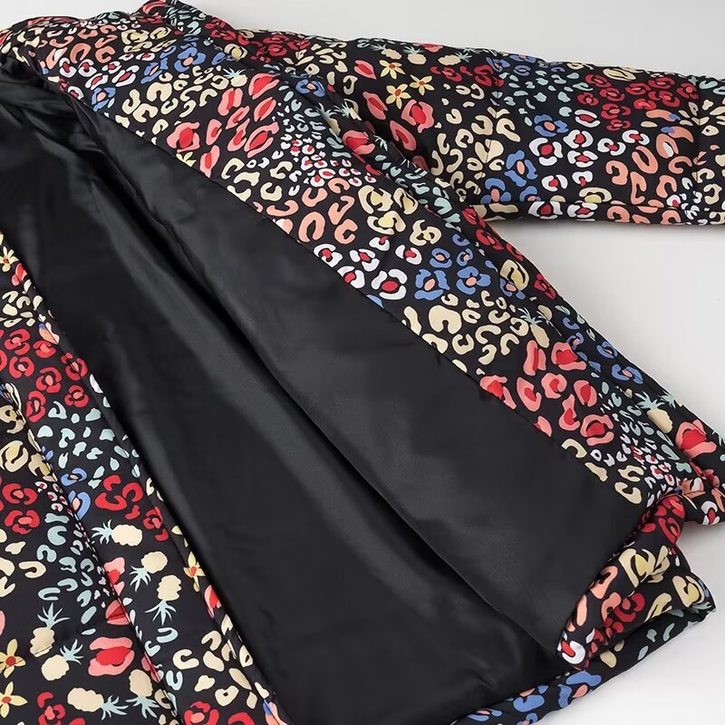 Women's boxy overcoat with stand-up collar, concealed button placket and multicolored all-over print Amarae