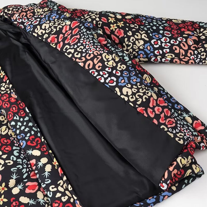 Women's boxy overcoat with stand-up collar, concealed button placket and multicolored all-over print Amarae