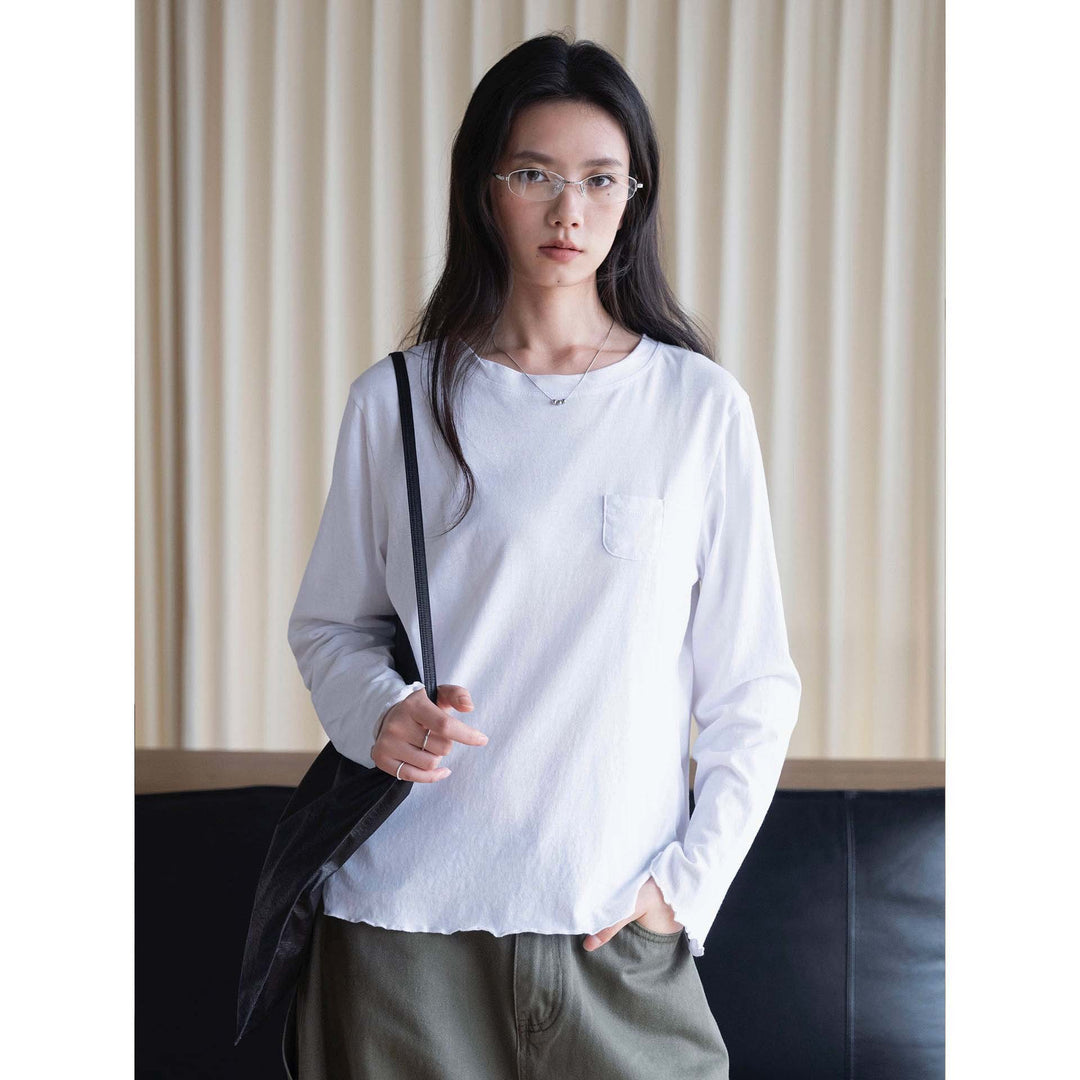 Women's Long Relaxed-Fit Shirt with Chest Pocket and Fine Round Neck