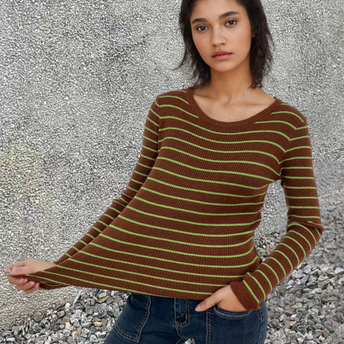 Casual knit sweater for ladies with long sleeves and a trendy striped pattern Amarae