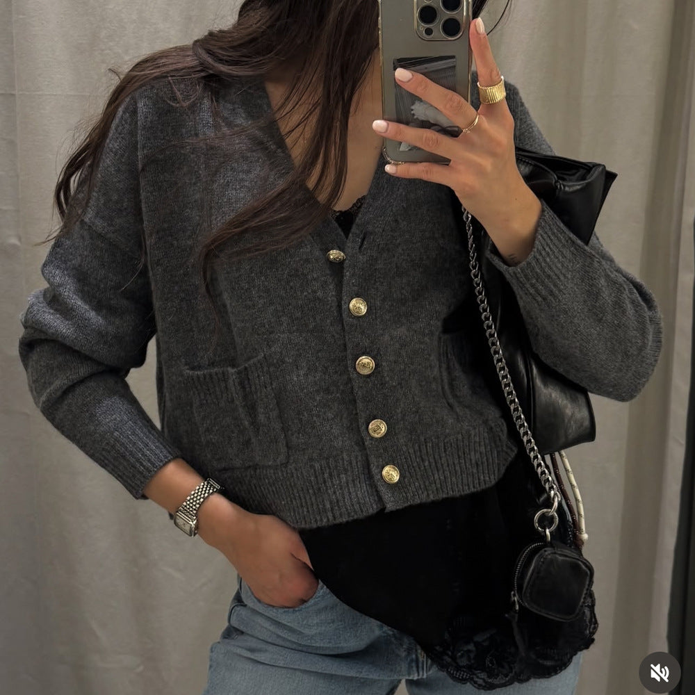 Women's Plus Size Wool Blend Cardigan with V-Neck, Gold Decorative Buttons and Flap Pockets Amarae