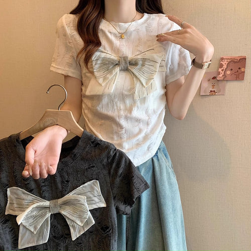 Women's short sleeve shirt with decorative bow detail