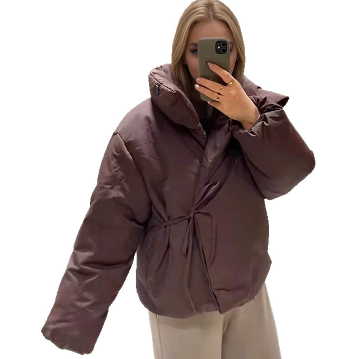 Women Short Padded Oversized Puffer Jacket with Hood and Tie Belt Amarae