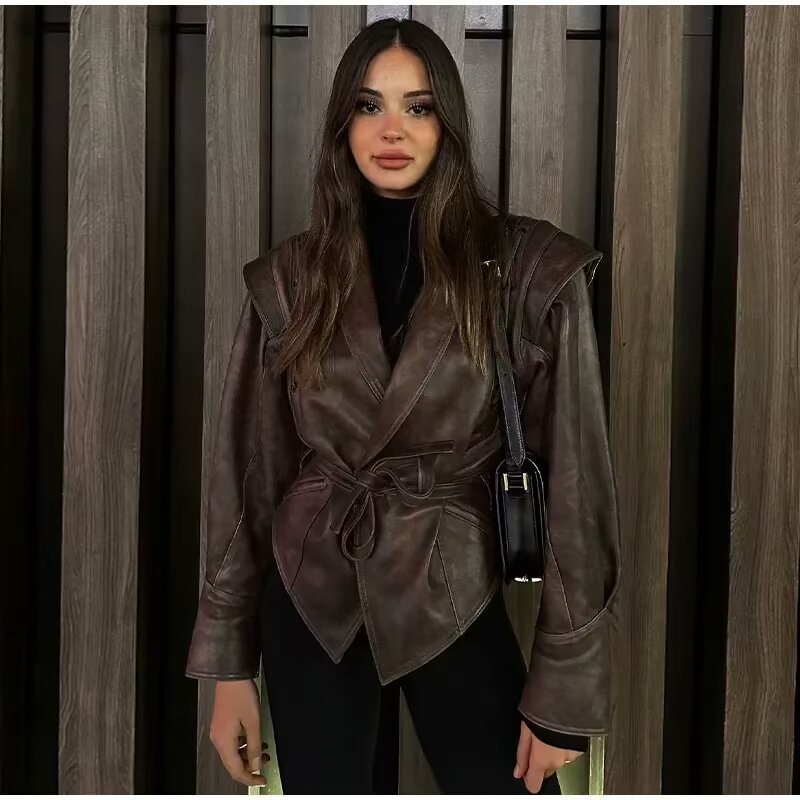 Women's Tailored Leather Jacket with Ties and Emphasized Shoulder Area Amarae