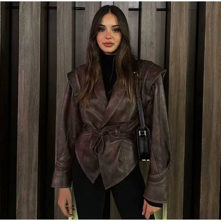 Women's Tailored Leather Jacket with Ties and Emphasized Shoulder Area Amarae