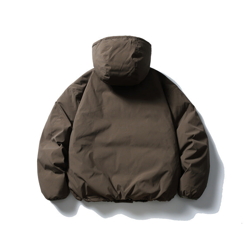Unisex Boxy padded hoodie jacket with drawstring, snap button placket, and arm pocket Amarae