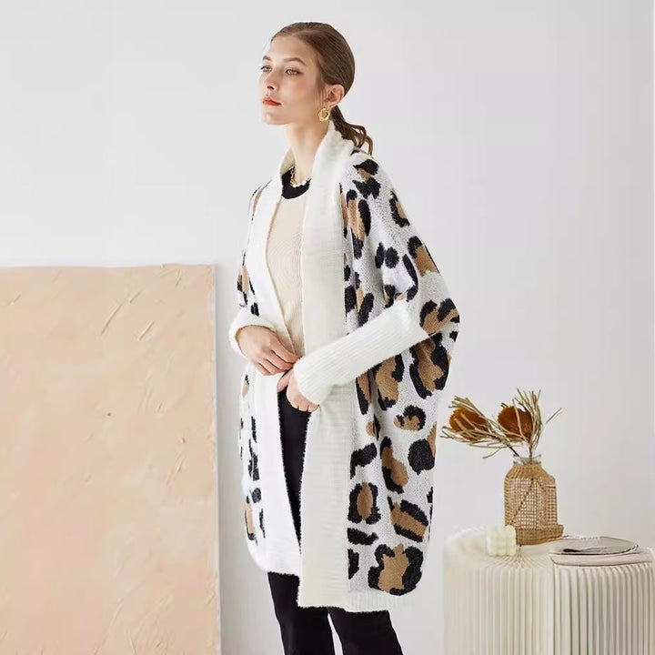 Ladies lightweight knitted cardigan with a modern leopard pattern and an open front Lune London