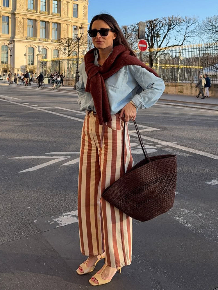 Women's Striped High-Waist Linen Pants with Wide Leg Amarae