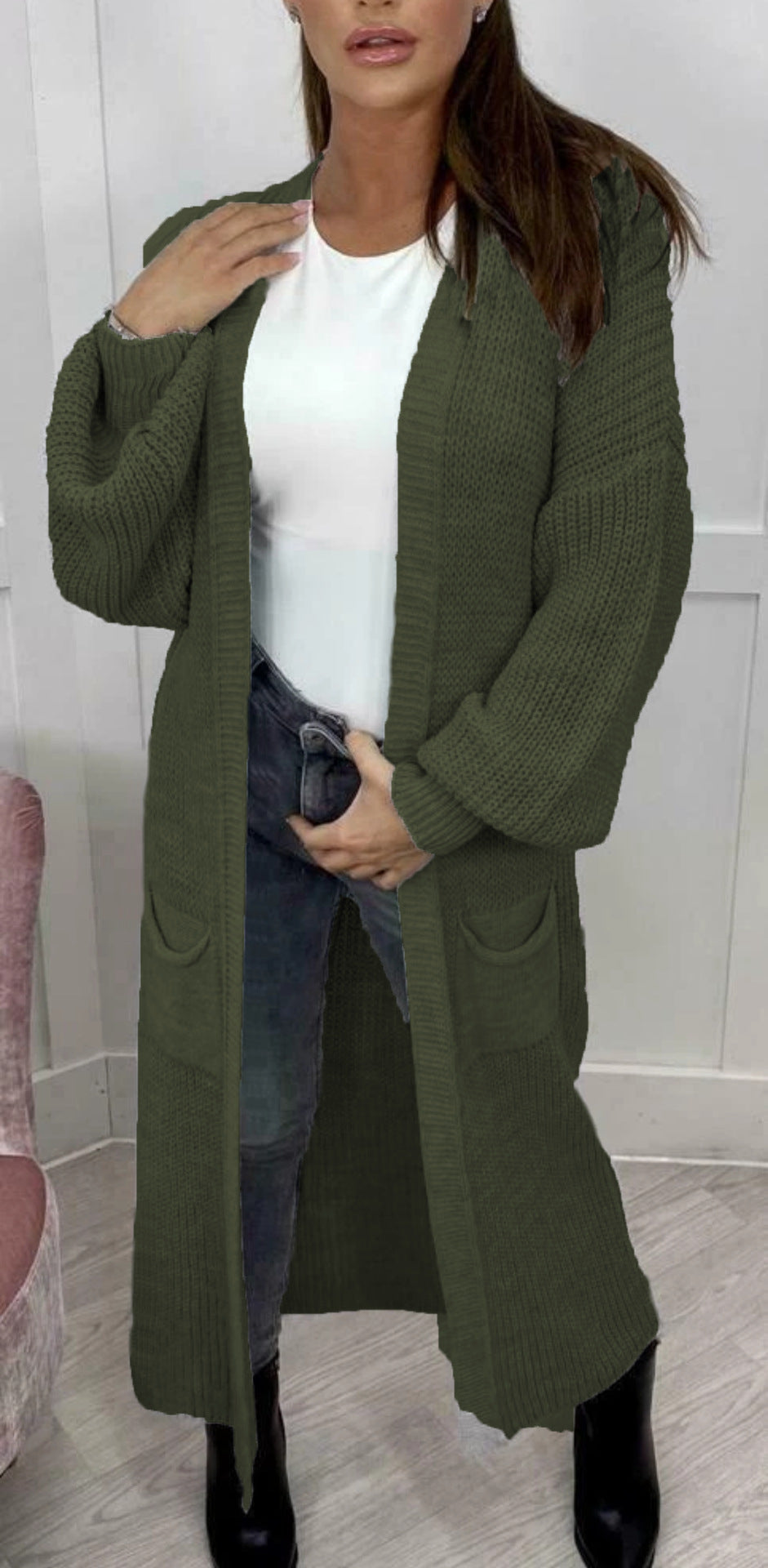 Ladies Long knitted cardigan with a textured knit look and practical pockets Lune London